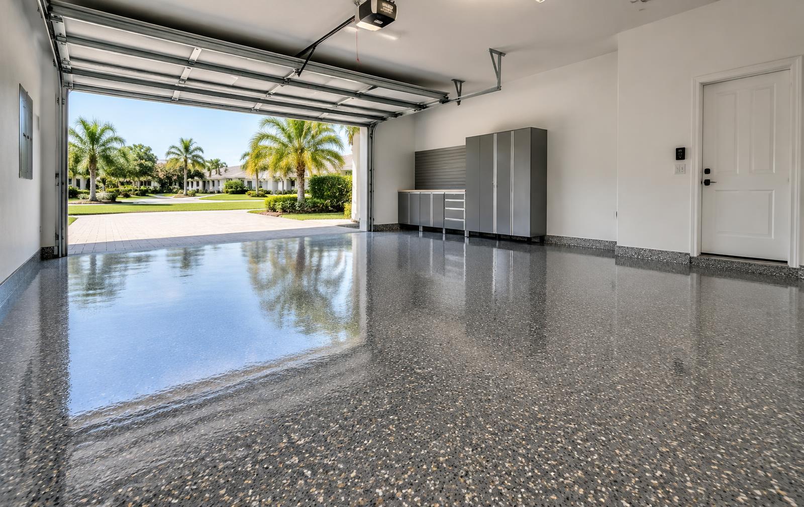 Finished two-car garage in Central Florida with a gray decorative flake floor coating